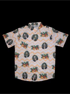 BACARDI Unisex Party Casual Tropical Pineapple Button-Down Shirt - White/Yellow
